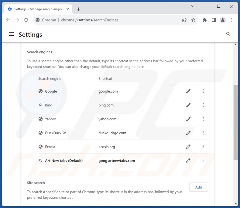 Removing goog.artnewtabs.com from Google Chrome default search engine