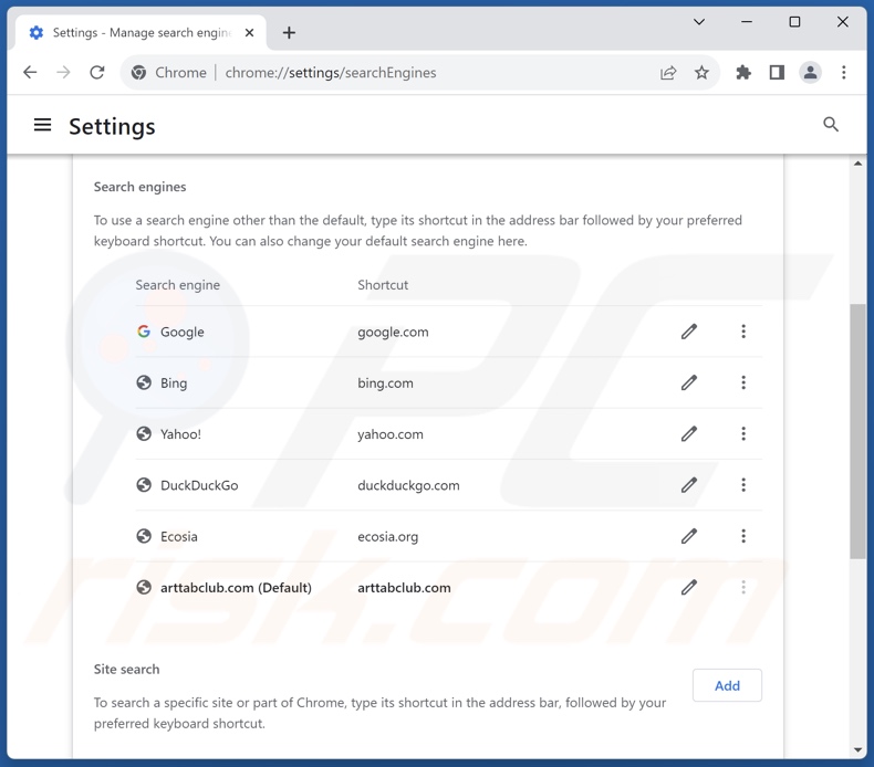 Removing arttabclub.com from Google Chrome default search engine