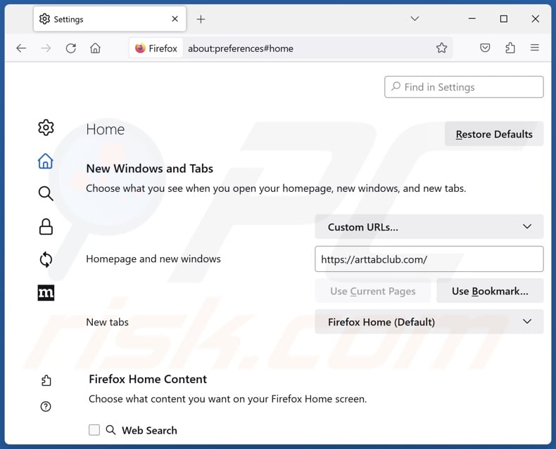 Removing arttabclub.com from Mozilla Firefox homepage