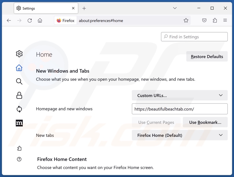 Removing beautifulbeachtab.com from Mozilla Firefox homepage