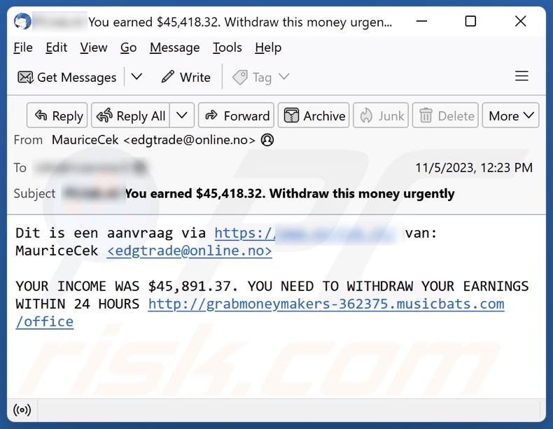 Spam email promoting Bitcoin Mining Scam (sample 1)