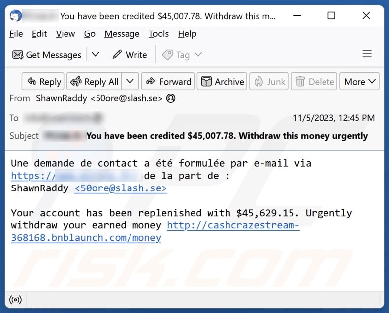 Spam email promoting Bitcoin Mining Scam (sample 2)