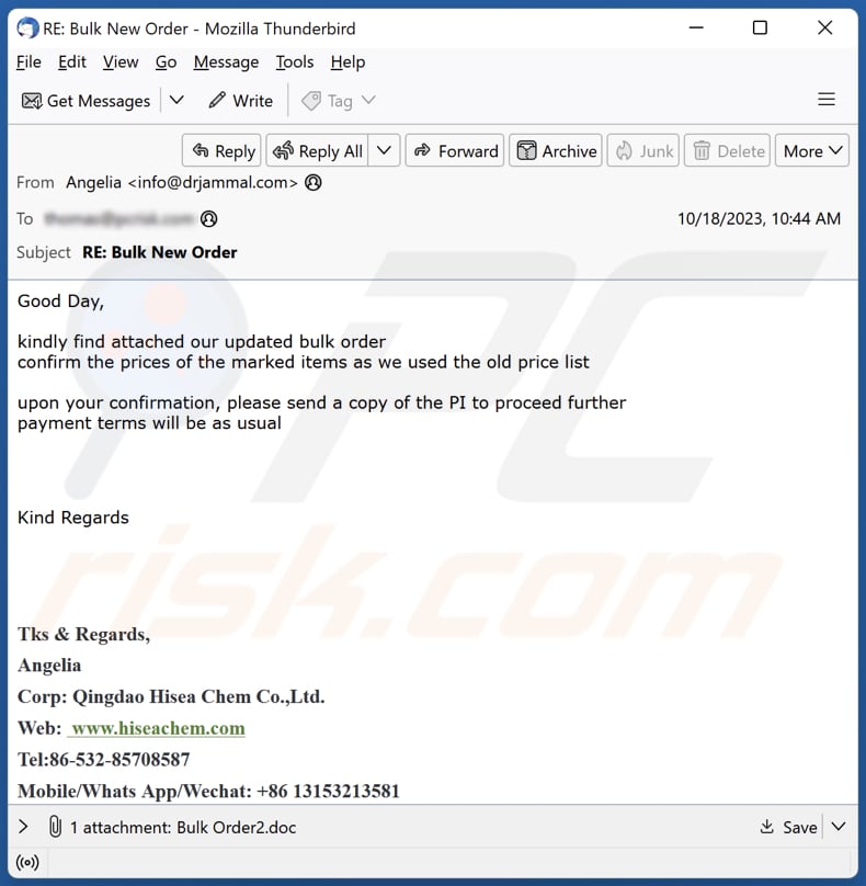 Bulk Order malware-spreading email spam campaign