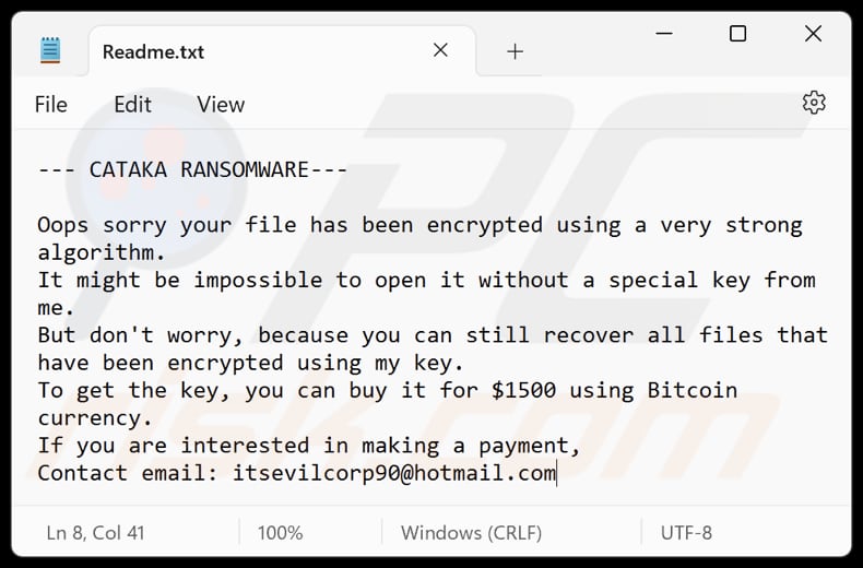 CATAKA ransomware text file (Readme.txt)