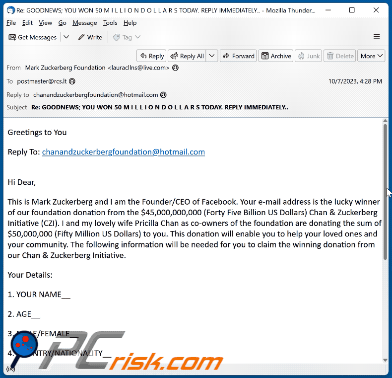 Chan & Zuckerberg Initiative (CZI) scam email (GIF)