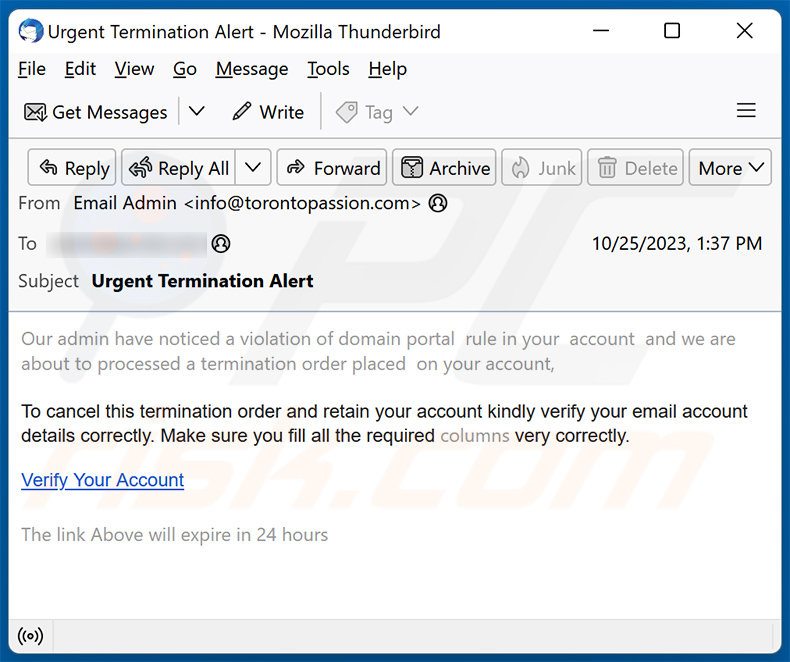 Confirm Account To Avoid Termination email scam (2023-10-26)