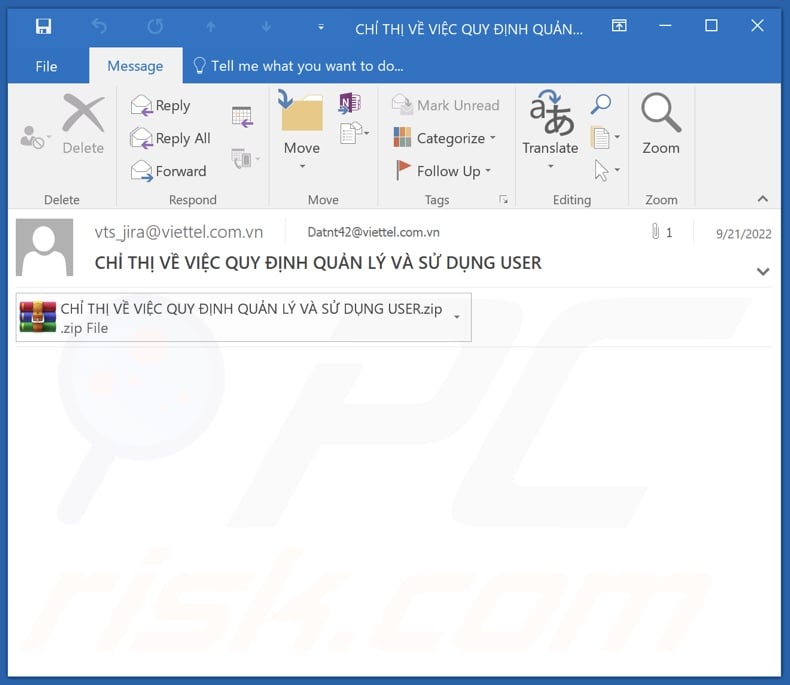 Spam email spreading CurKeep malware (CHỈ THỊ VỀ VIỆC QUY ĐỊNH QUẢN LÝ VÀ SỬ DỤNG USER.zip - attachment)