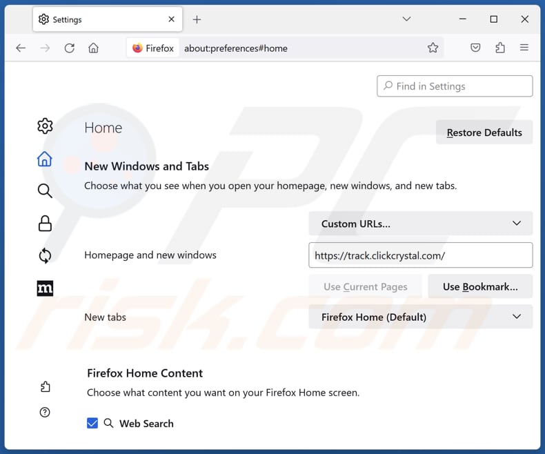 Removing track.clickcrystal.com from Mozilla Firefox homepage
