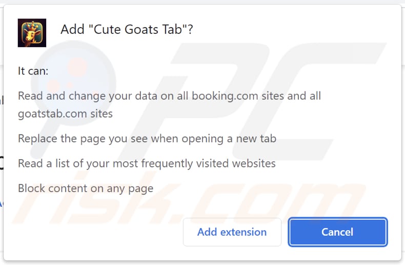 Cute Goats Tab browser hijacker asking for permissions