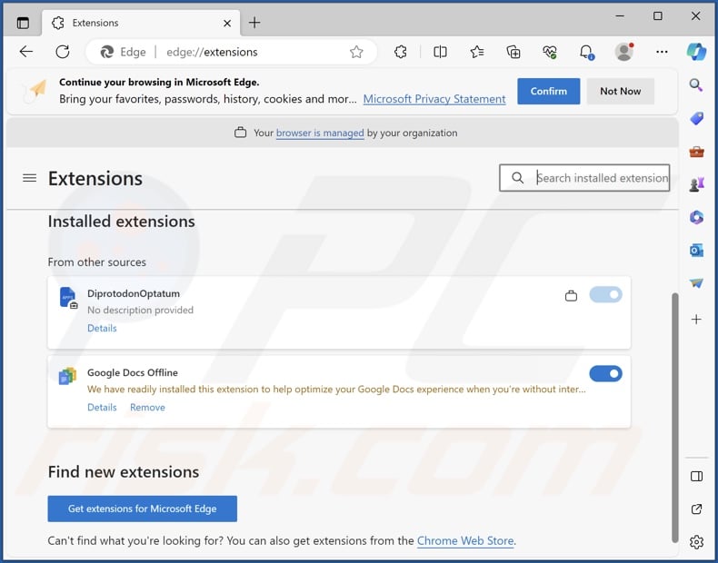 DiprotodonOptatum malicious extension installed on Edge