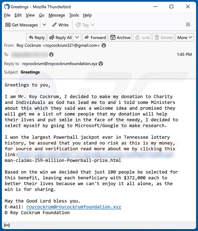 Donation From Lottery Winner email scam (2023-10-03)