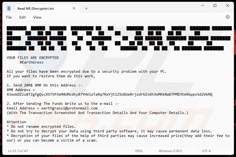 EARTH GRASS ransomware text file (Read ME (Decryptor).txt)