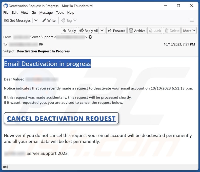 Email Deactivation In Progress email spam campaign