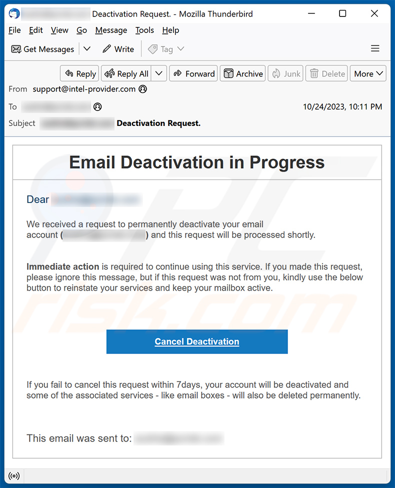 Email Deactivation In Progress scam (2023-10-26)