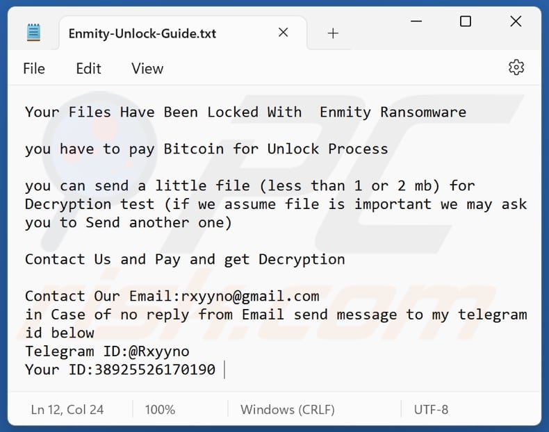 Enmity ransomware text file (Enmity-Unlock-Guide.txt)