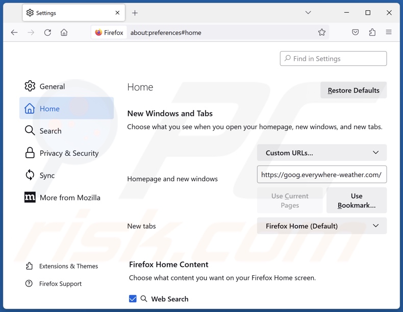 Removing goog.everywhere-weather.com from Mozilla Firefox homepage
