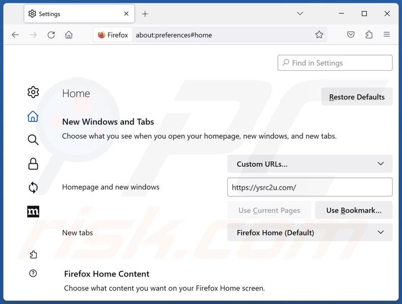 Removing ysrc2u.com from Mozilla Firefox homepage
