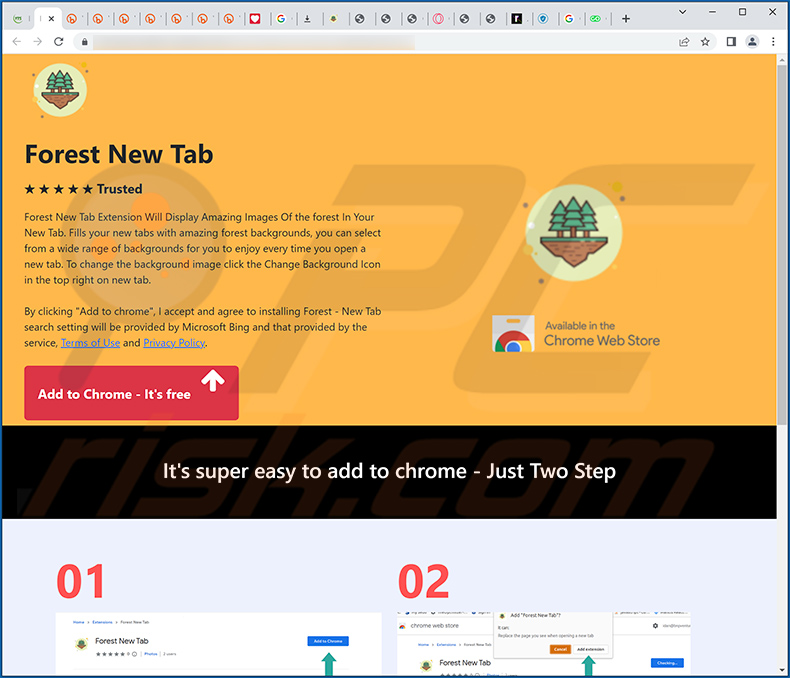 Forest New Tab browser hijacker-promoting site
