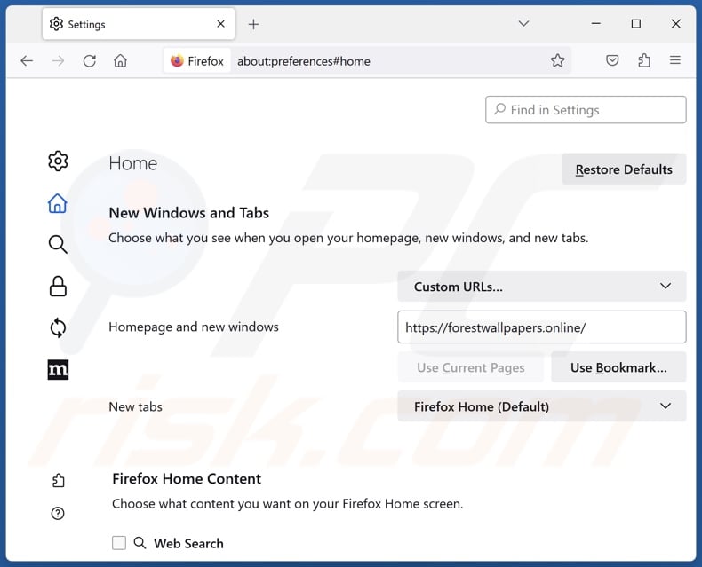 Removing forestwallpapers.online from Mozilla Firefox homepage