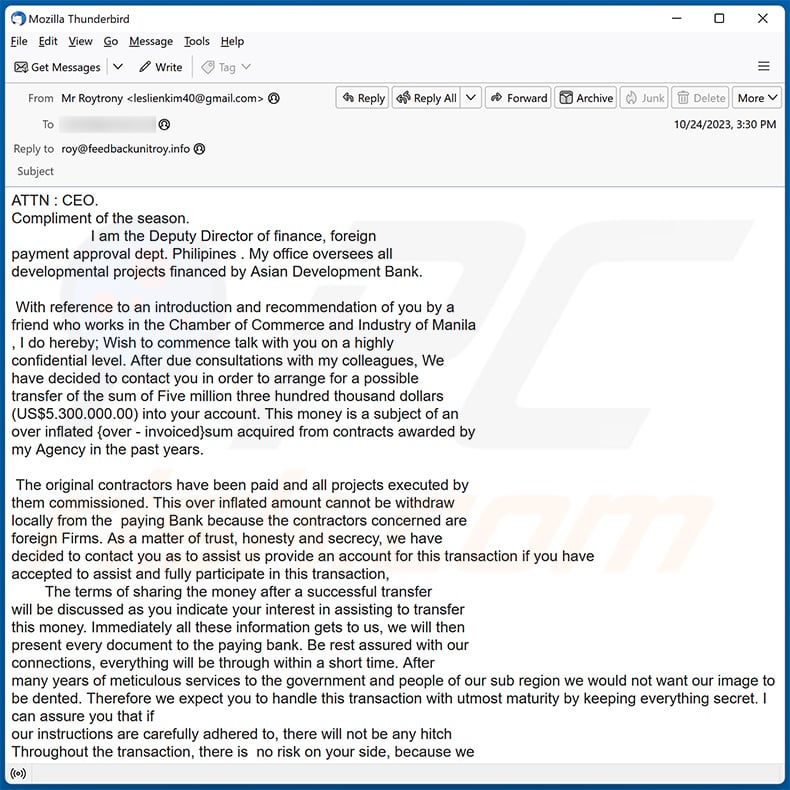Fund Transfer Assistance email scam (2023-10-26)
