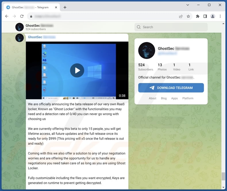 GhostLocker ransomware promoted on Telegram