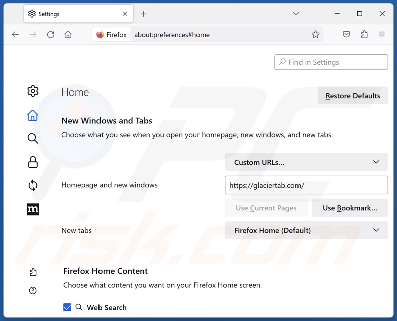 Removing glaciertab.com from Mozilla Firefox homepage