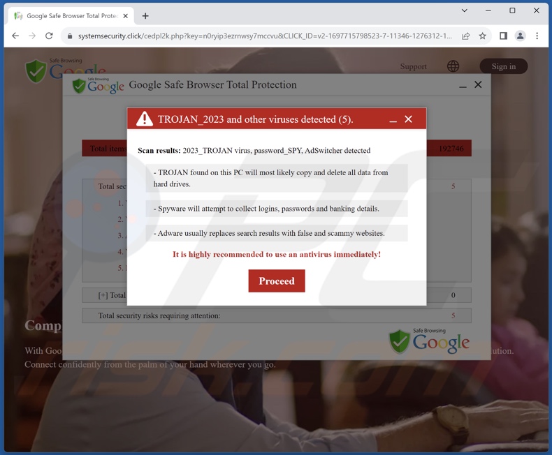 Google Safe Browser Total Protection scam pop-up