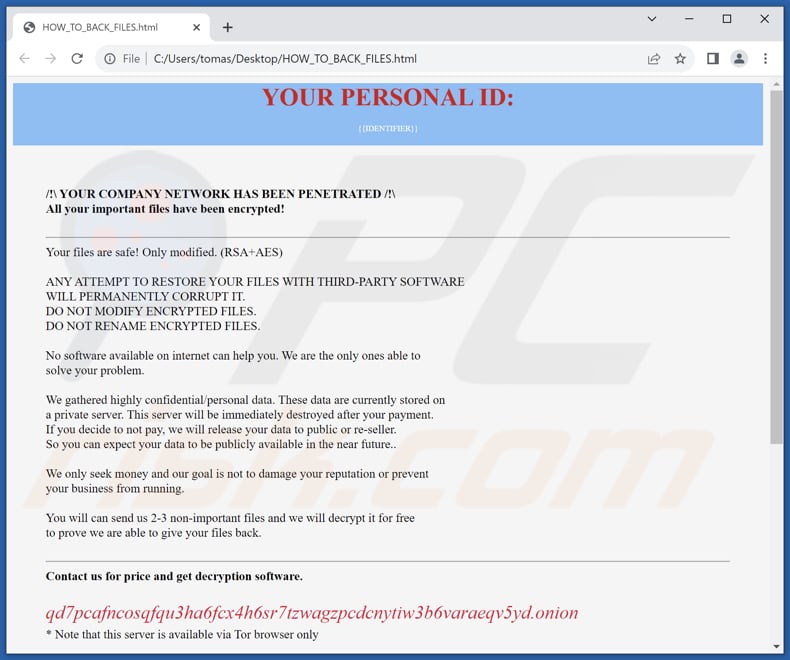 Hazard ransomware HTML file (HOW_TO_BACK_FILES.html)