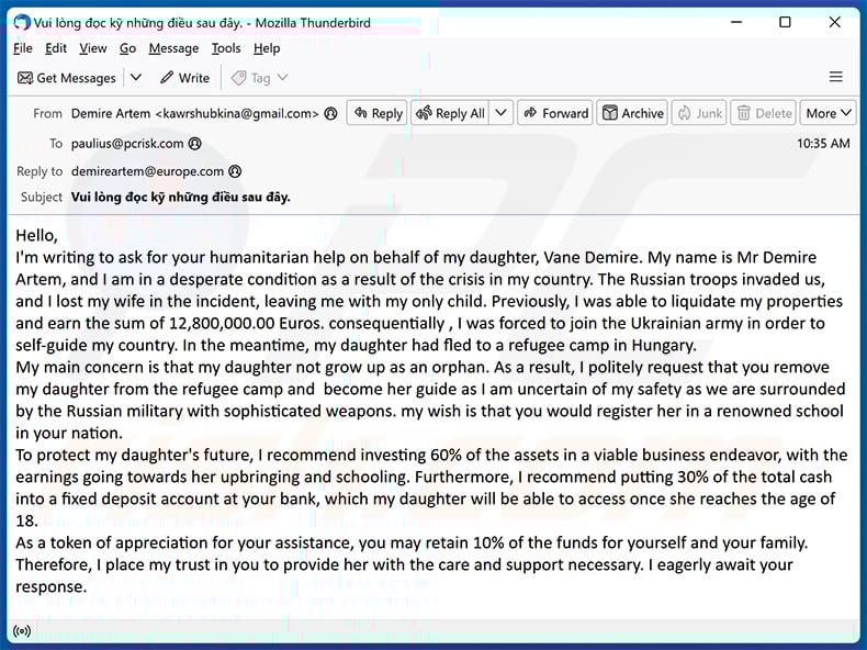Help My Daughter email scam (2023-10-05)