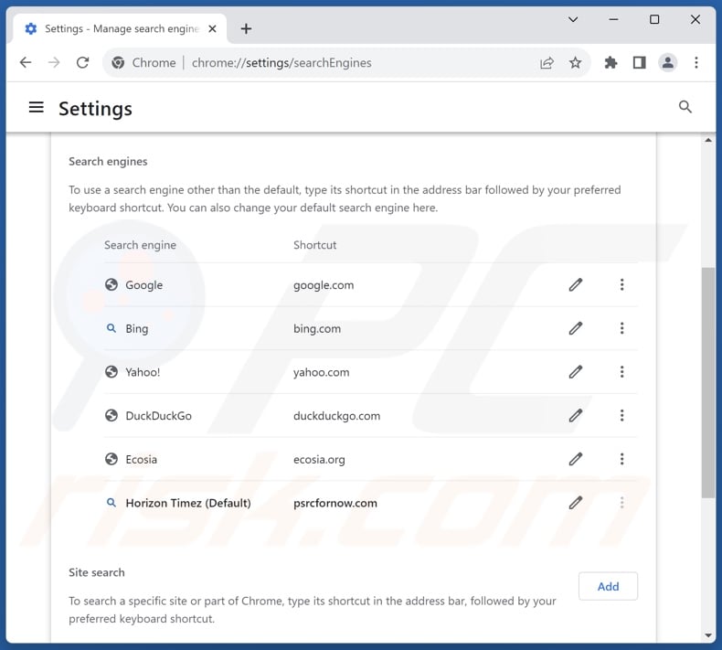 Removing psrcfornow.com from Google Chrome default search engine