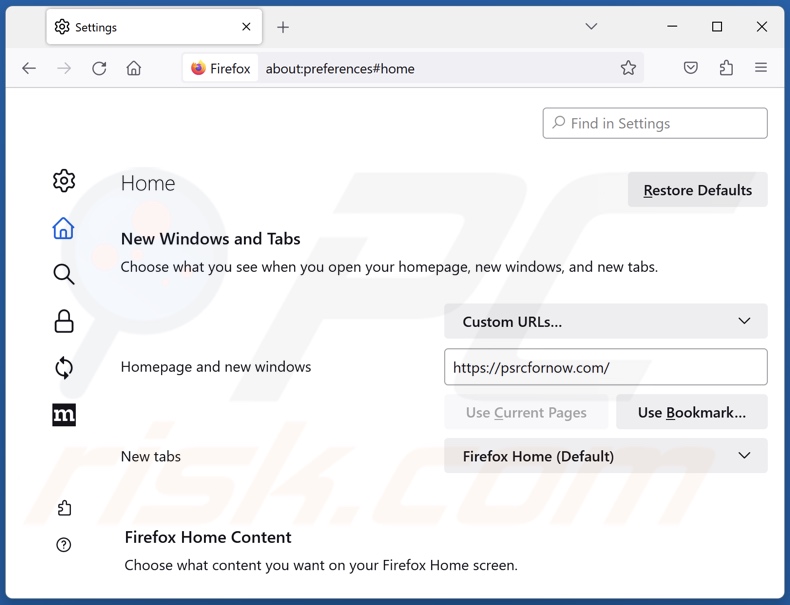 Removing psrcfornow.com from Mozilla Firefox homepage