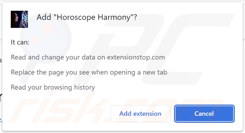 Horoscope Harmony browser hijacker asking for permissions