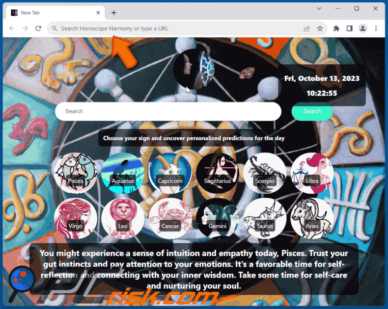 Horoscope Harmony browser hijacker redirecting to Bing (GIF)