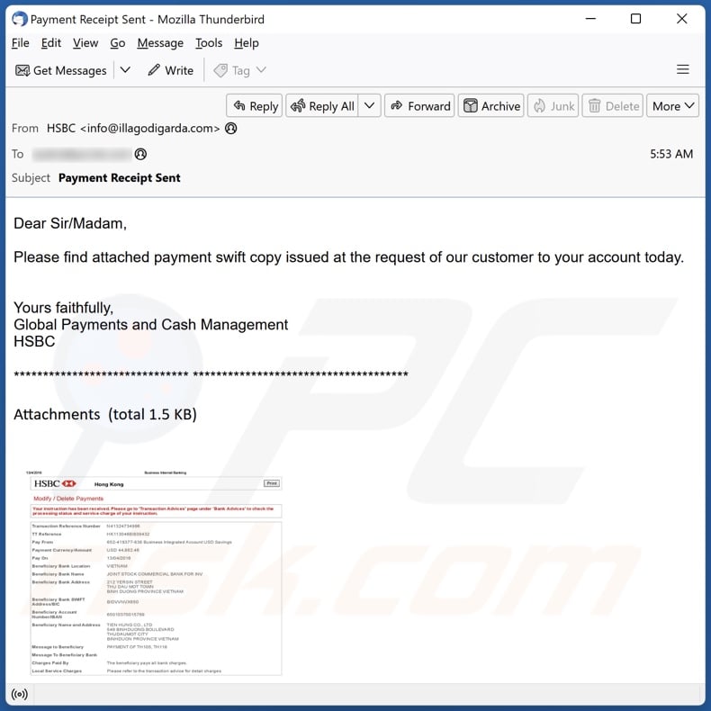 HSBC - Payment Swift Copy email spam campaign