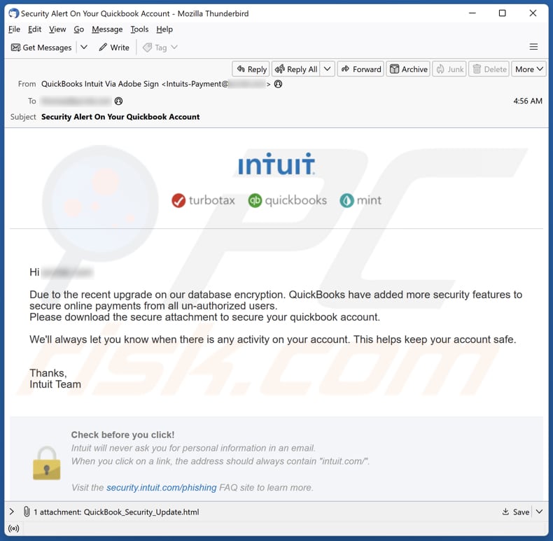 Intuit QuickBooks Database Encryption Upgrade email spam campaign