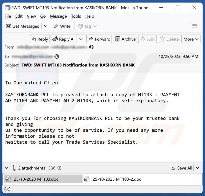 KASIKORNBANK email virus malware-spreading email spam campaign