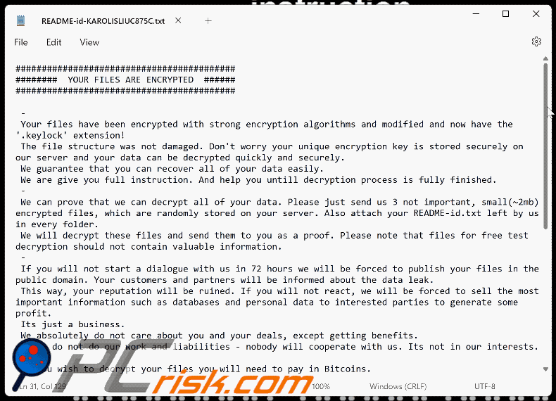 Keylock ransomware ransom note (README-id-[username].txt) GIF