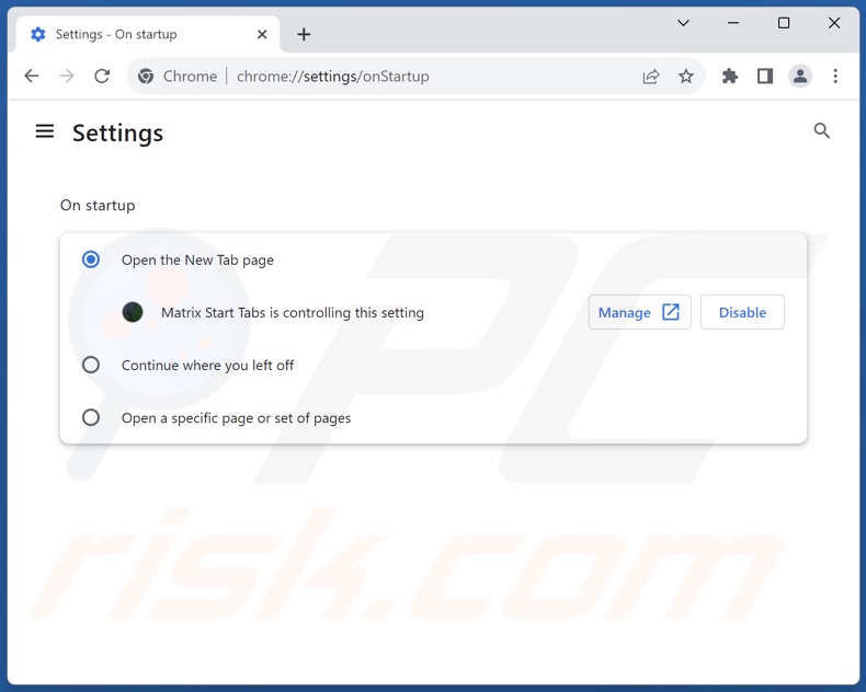 Removing matrixstarttabs.com from Google Chrome homepage