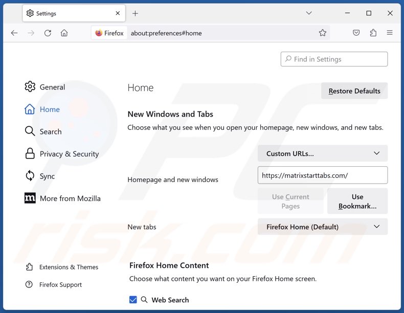 Removing matrixstarttabs.com from Mozilla Firefox homepage
