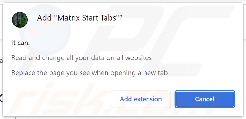 Matrix Start Tabs browser hijacker asking for permissions