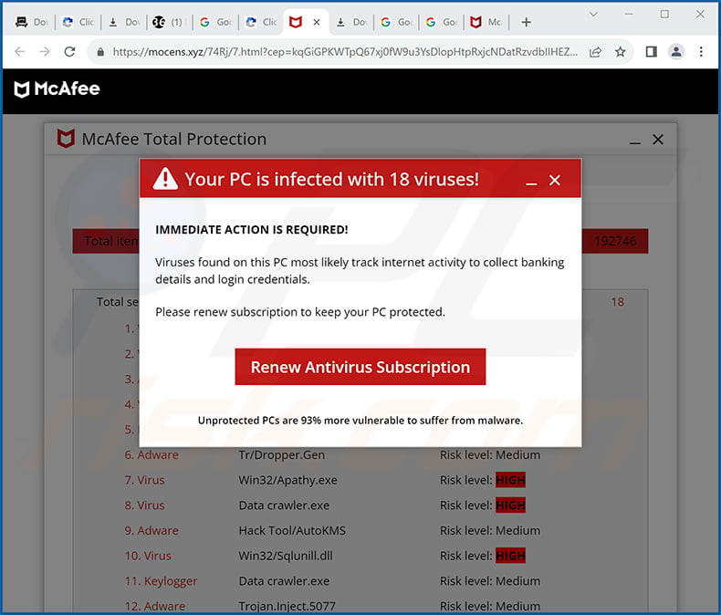 McAfee - Your PC is infected with 18 viruses! pop-up scam