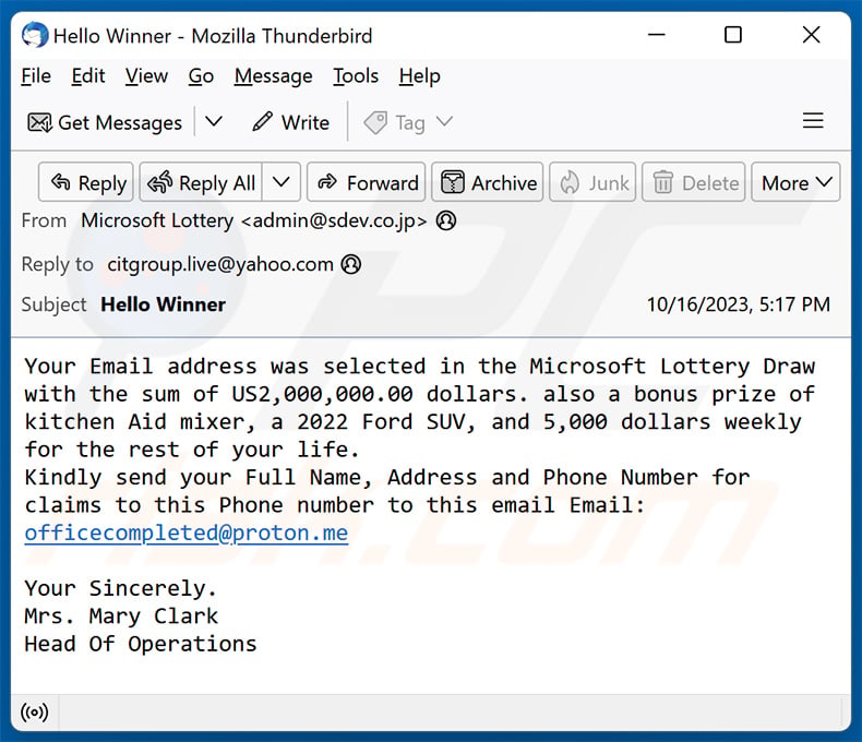 Microsoft Lottery email scam (2023-10-18)
