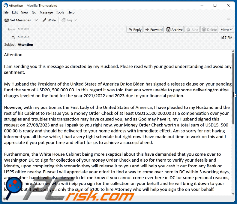 Money Order Check scam email (GIF)