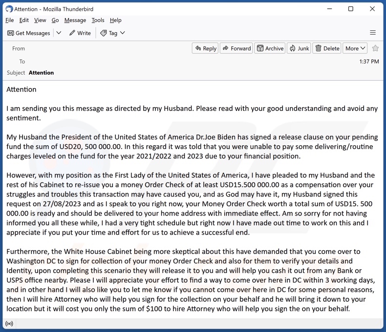 Money Order Check email spam campaign