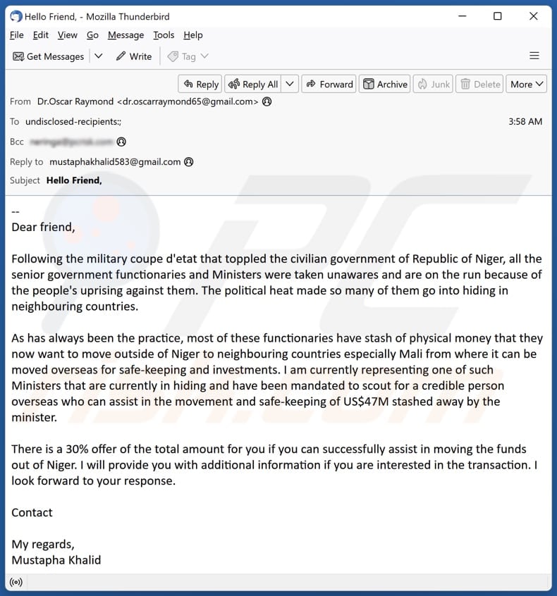 Moving Funds Out Of Niger email spam campaign