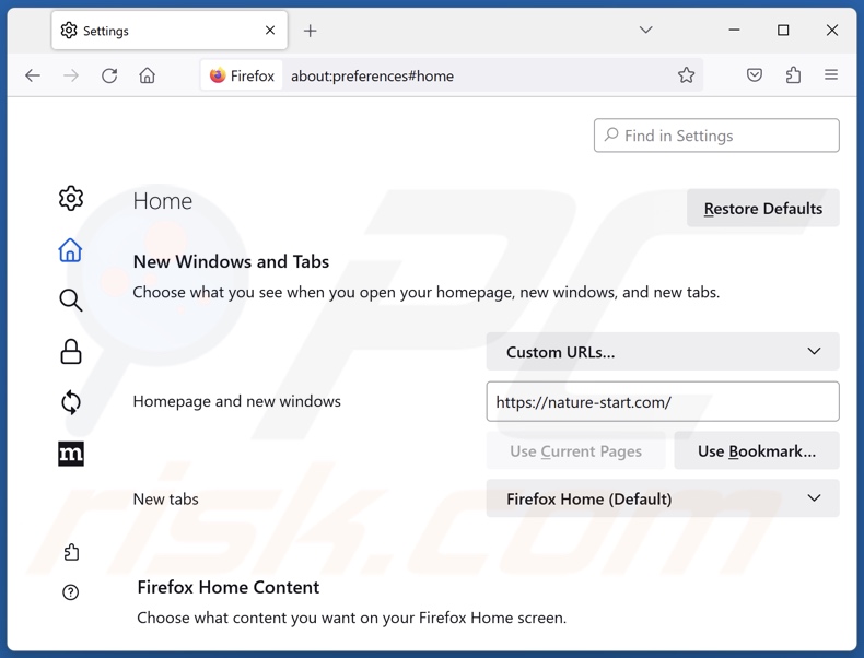 Removing nature-start.com from Mozilla Firefox homepage