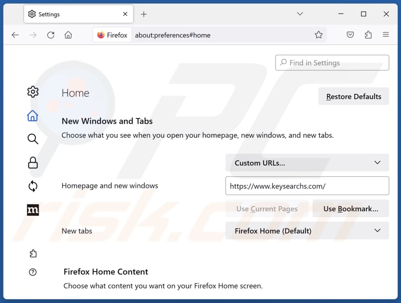 Removing keysearchs.com from Mozilla Firefox homepage