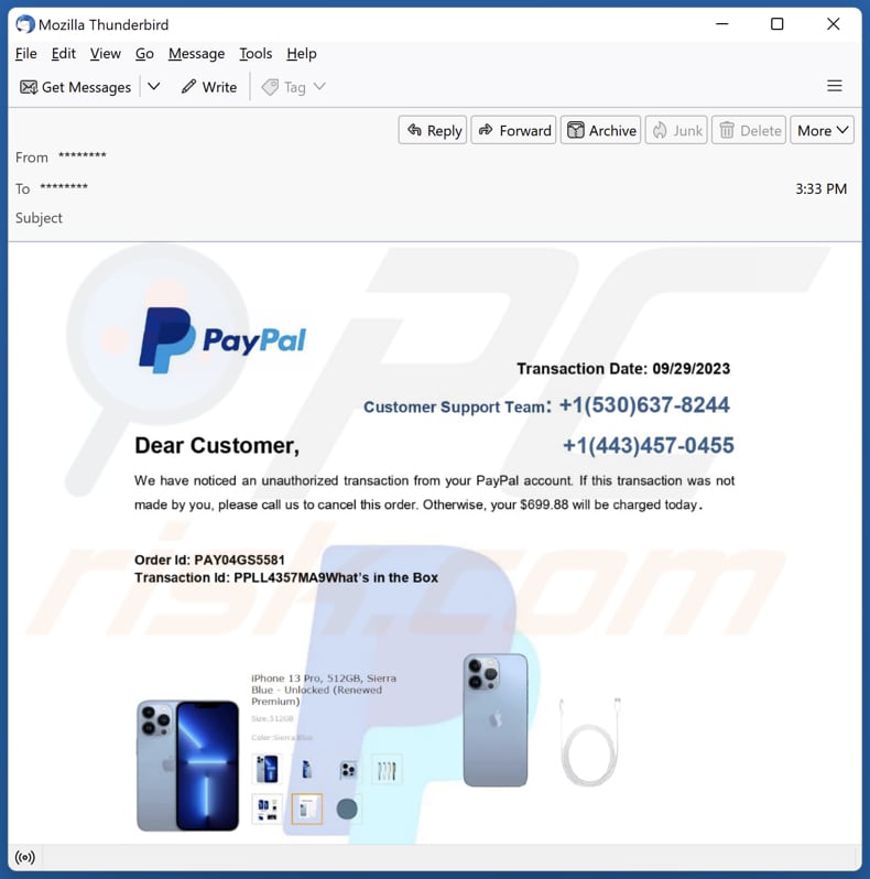 PayPal - Unauthorized Transaction email spam campaign