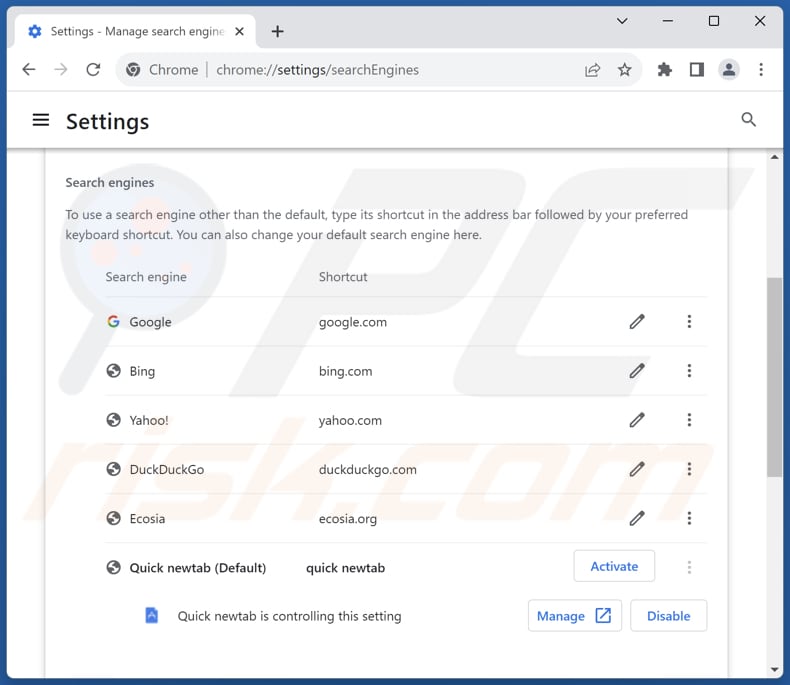Removing quicknewtab.com from Google Chrome default search engine