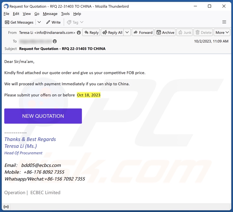 Quote Order email spam campaign